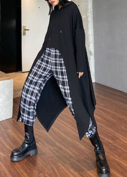 Handmade Black Hooded Drawstring Asymmetrical Design Sweatshirts Top Spring
