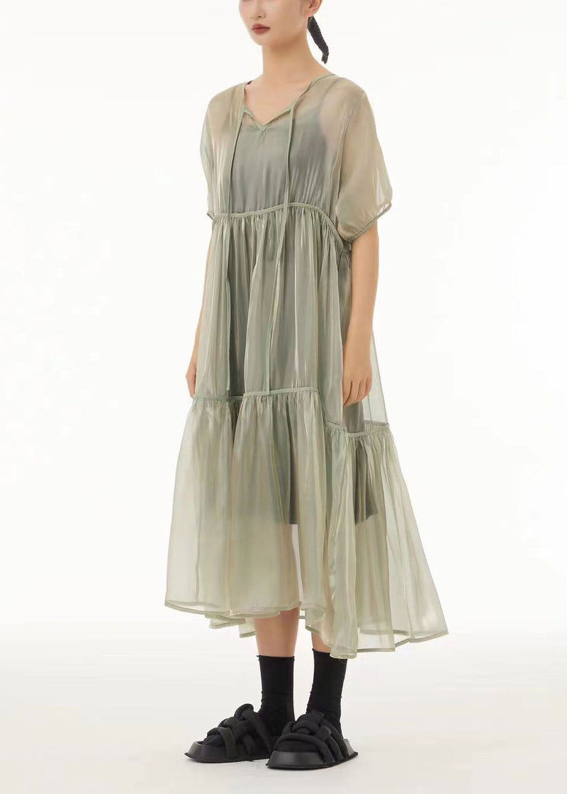 Art Light Green Oversized Lace Up Tulle Dress Sets 2 Pieces Summer