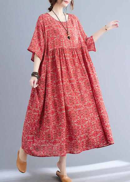Red O-neck Print Maxi Dress Summer