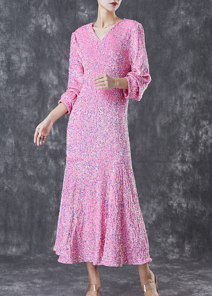 Pink Sequins Wrinkled Silk Velour Dress Vestidos Spring