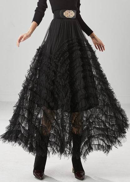 Black Silm Fit Tulle a Line Skirt Ruffled High Waist Fall