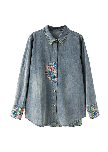 Organic Blue Peter Pan Collar Embroidered Denim Coat Top Spring