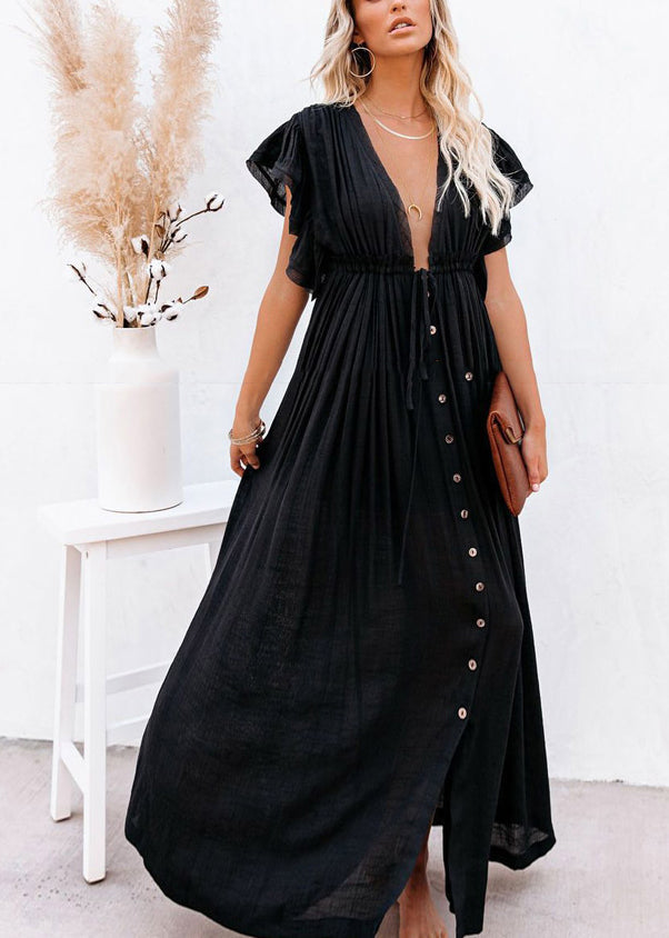 Black Ruffled Patchwork Long Dress Summer