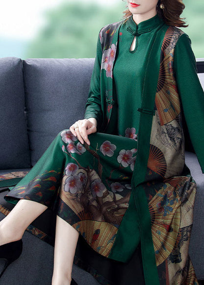 Green Print Chinese Button Silk Fake Two Piece Oriental Dresses Spring