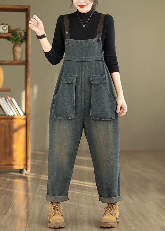 Blue Pockets High Waist Denim Jumpsuit Fall