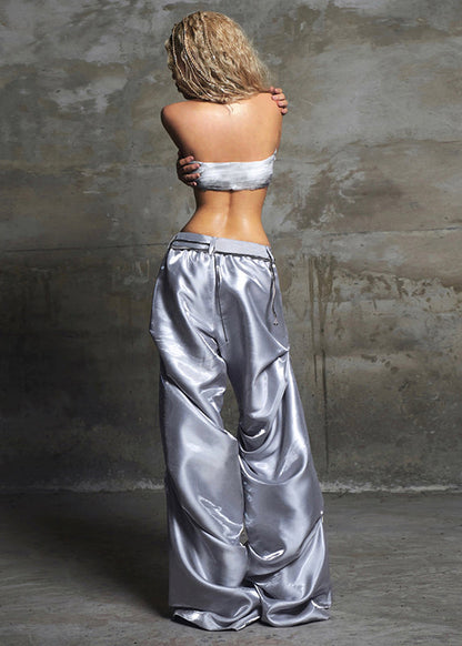 Grey Print Wrinkled Draping Silk Pants Spring