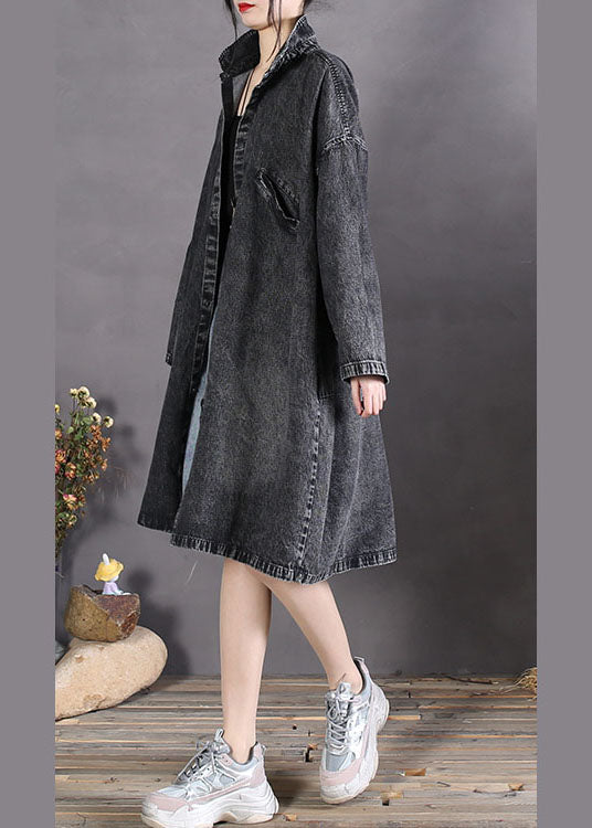 Diy Charcoal Grey Peter Pan Collar Button Denim Coats Spring