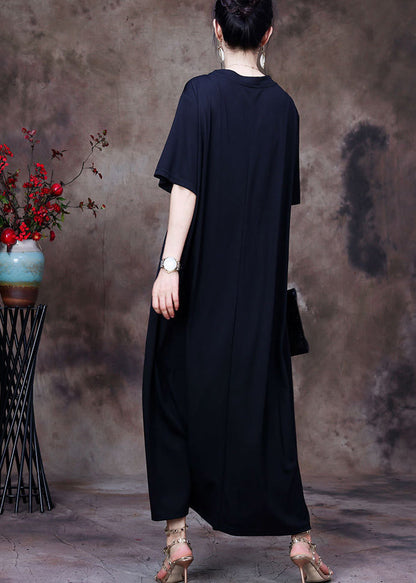 Black O-neck White Plaid Applique Oversized Cotton Sweatshirt Dresses Short Sleeve