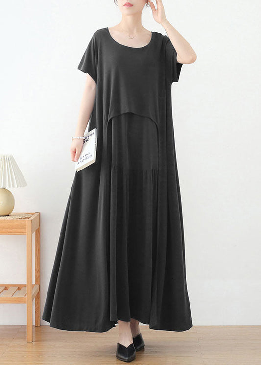 Grey O-neck Asymmetrical Design Long Dresses Short Sleeve