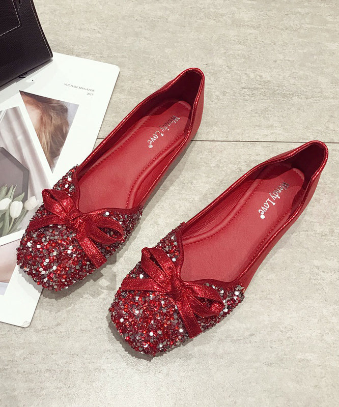 Red Faux Leather Penny Loafers Splicing Sequins Bow