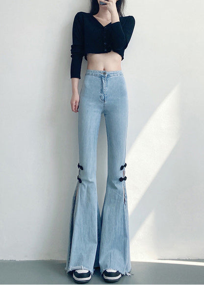 Diy Light Blue Chinese Button Side Open Denim Flare Bottoms Spring