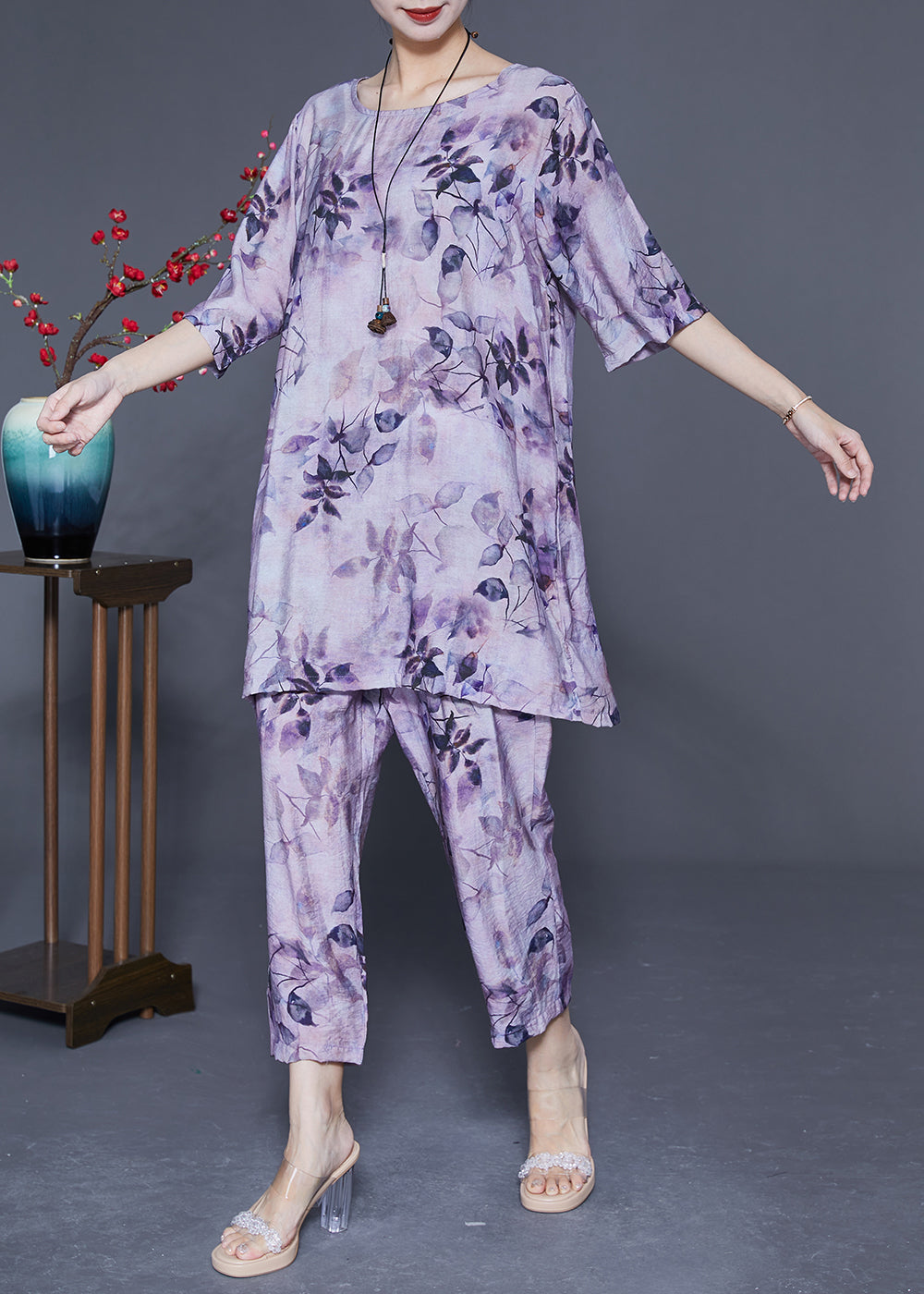 Handmade Purple O-neck Oversized Print Linen Silk Two-piece Set Summer