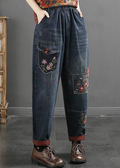 Loose Blue Embroideried Pockets Elastic Waist Jeans Fall