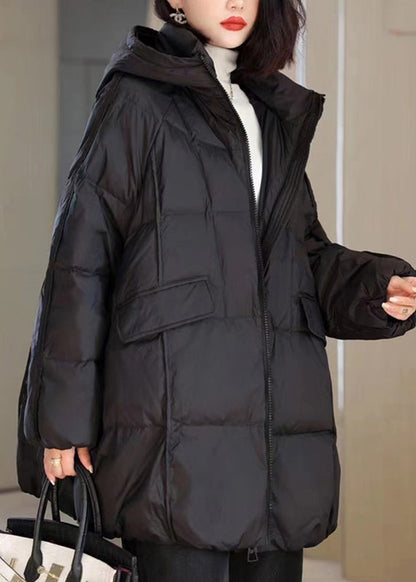 Natural Black Stand Collar Pockets Hooded Puffer Jacket Winter