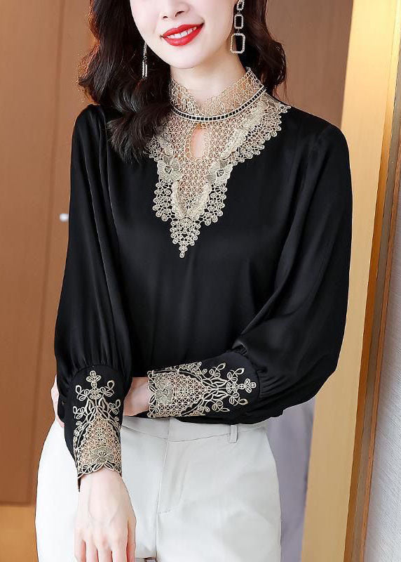 Black Stand Collar Embroideried Patchwork Chiffon Blouse Top Long Sleeve