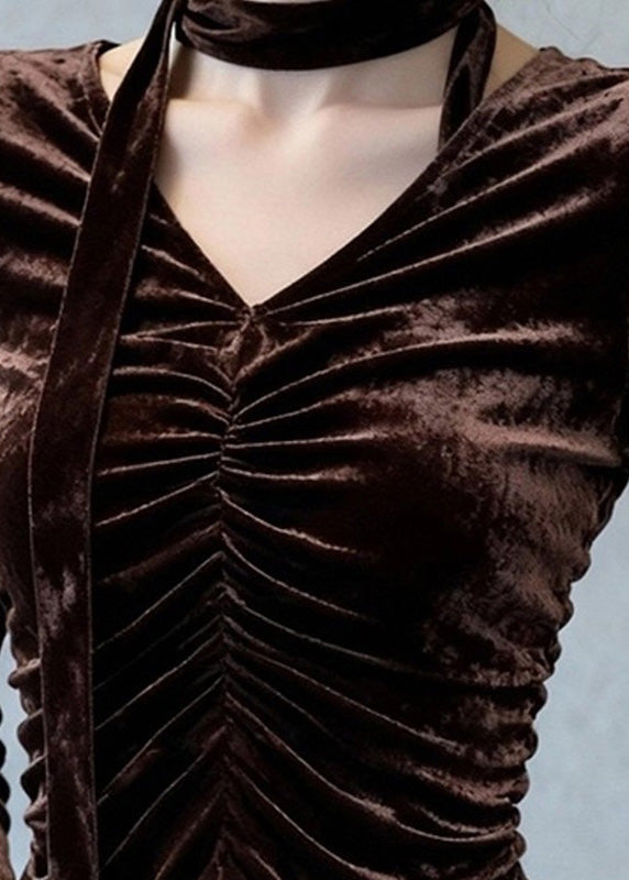Coffee V Neck Wrinkled Silk Velour Top Flare Sleeve