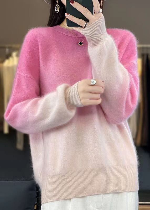 Pink Gradient Color O-neck Cozy Sweaters Long Sleeve