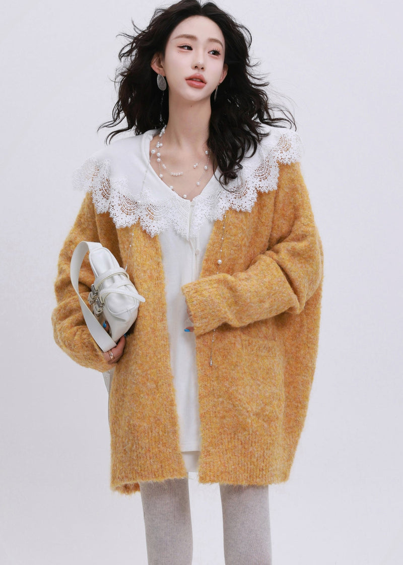 Orange Oversized Pockets Knit Cardigans Winter
