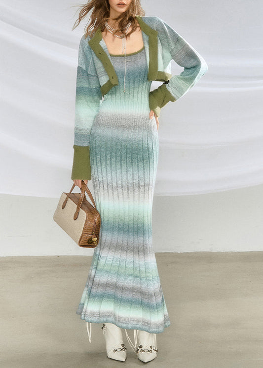 Stylish Green Striped Knit Cardigans and Long Spaghetti Strap Dress Two-piece Set