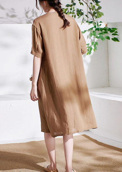 Apricot V Neck Lantern Sleeve Summer Linen Sundress Half Sleeve