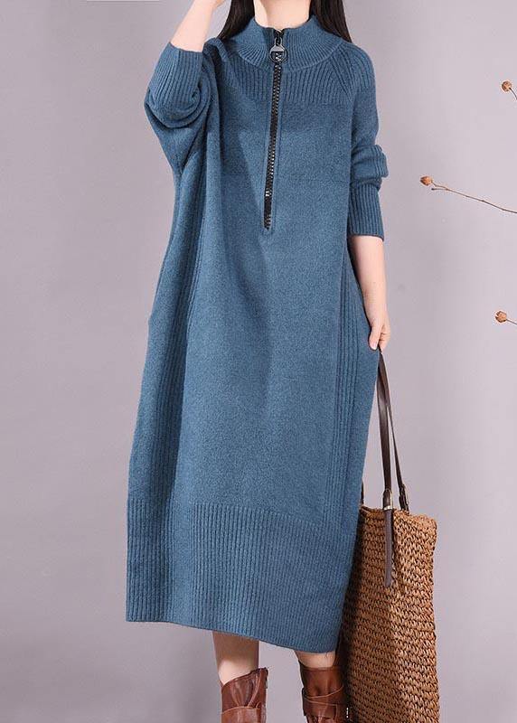 Simple Zippered Pockets Spring Clothes for Work Outfits Blue Robes Dresses