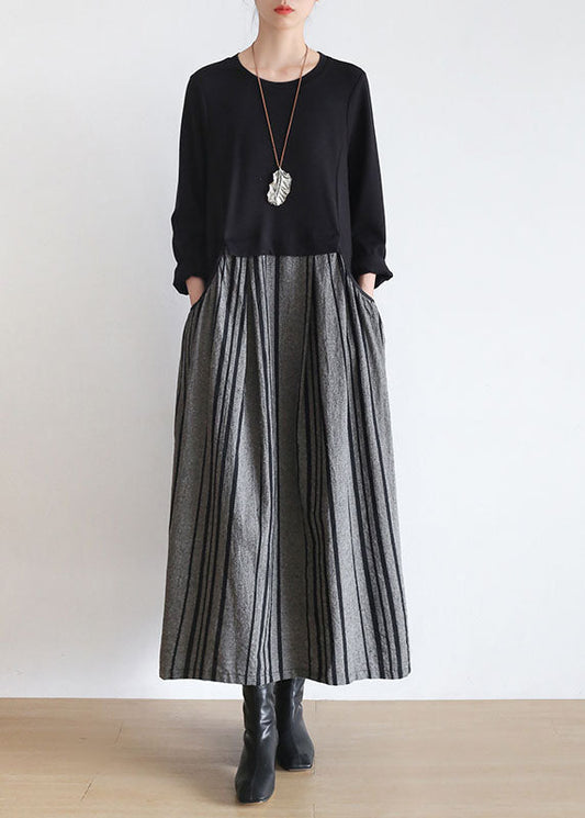 Black Striped Pockets Patchwork Linen Holiday Dress Long Sleeve