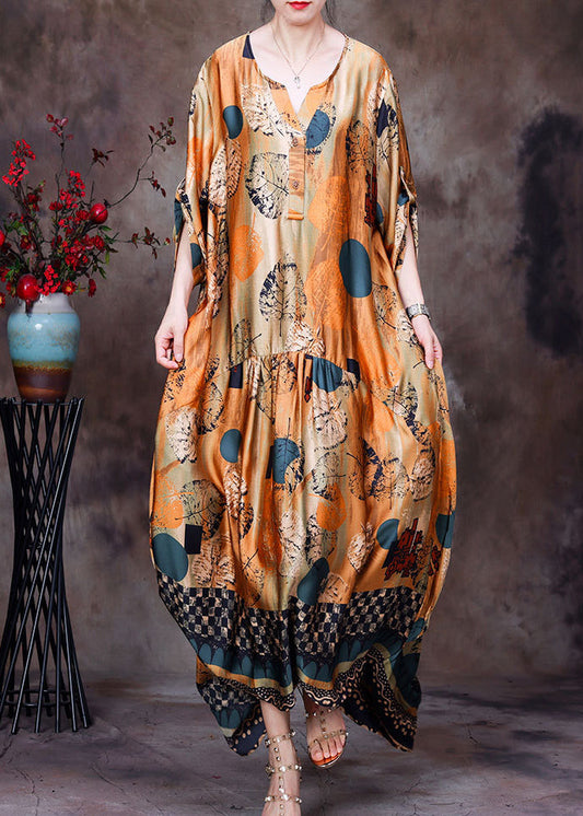 Style Yellow O-neck Wrinkled Print Silk Long Dress Half Sleeve