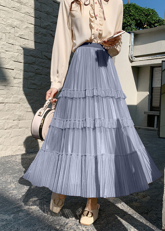 Grey Blue High Waist Wrinkled Tulle Cake Skirt Spring