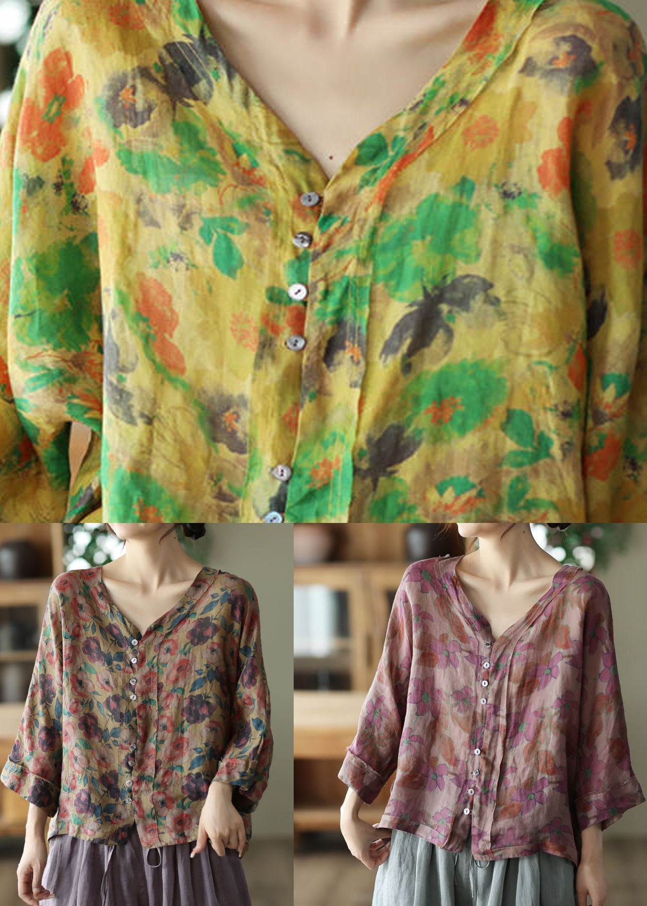 Coffee V Neck Print Linen Shirt Tops Summer