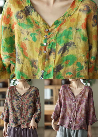 Coffee V Neck Print Linen Shirt Tops Summer