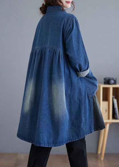 Blue Button Pockets Patchwork Denim Trench Coat Fall