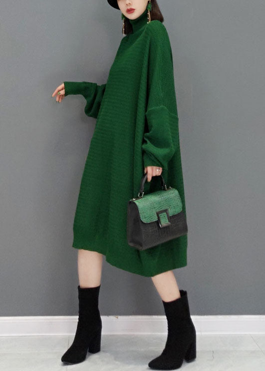 Green Turtle Neck Knit Sweater Dresses Batwing Sleeve