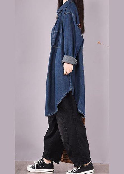 Art Lapel Print Spring Clothes Design Denim Blue Shirts