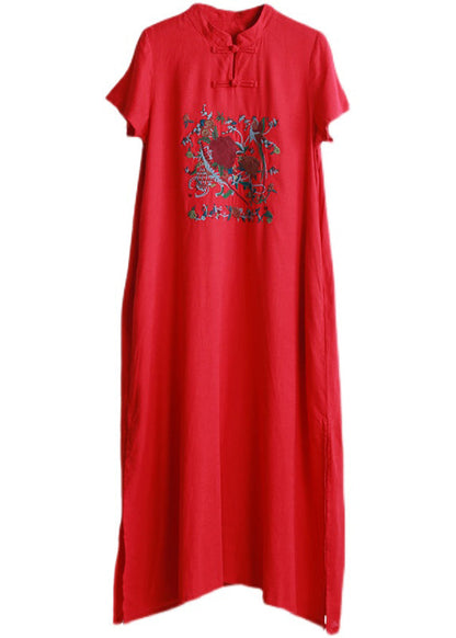 Red Mandarin Collar Side Open Embroideried Long Dress Short Sleeve