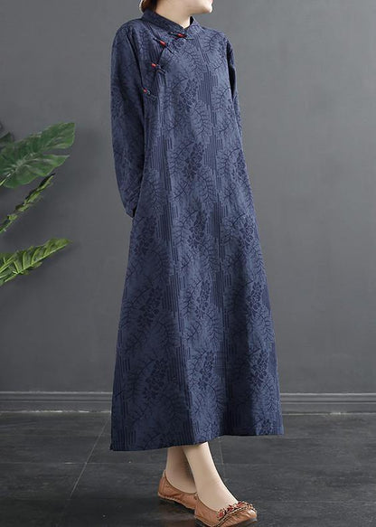 Stand Collar Dress Blue Jacquard Maxi Dresses