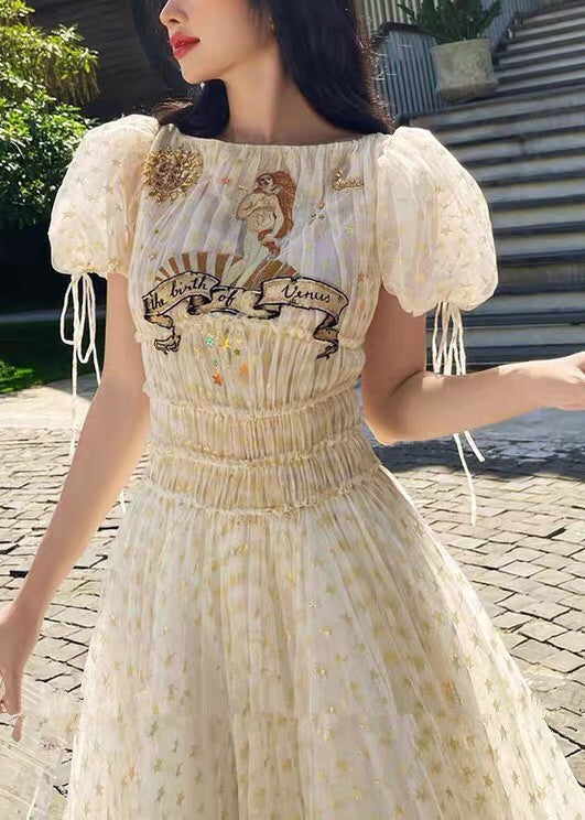 Apricot Ruffled Elastic Waist Tulle Long Dresses Summer