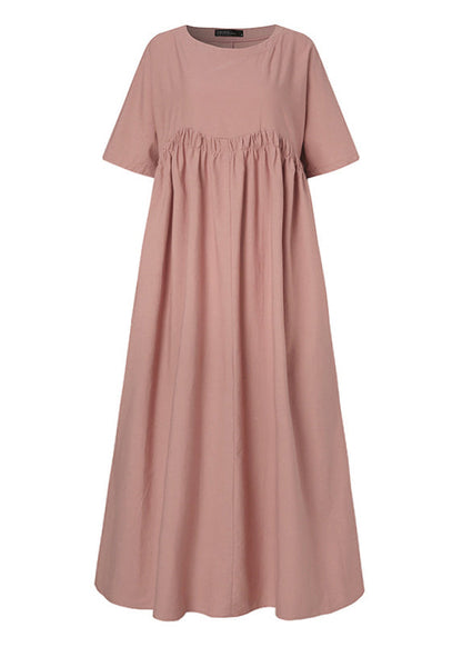 Loose Green Patchwork Wrinkled Cotton Blend Maxi Dress Short Sleeve