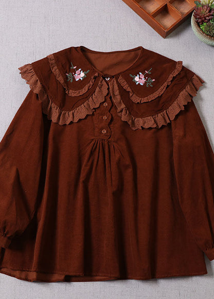 Diy Chocolate Embroideried Button Corduroy Blouses Spring