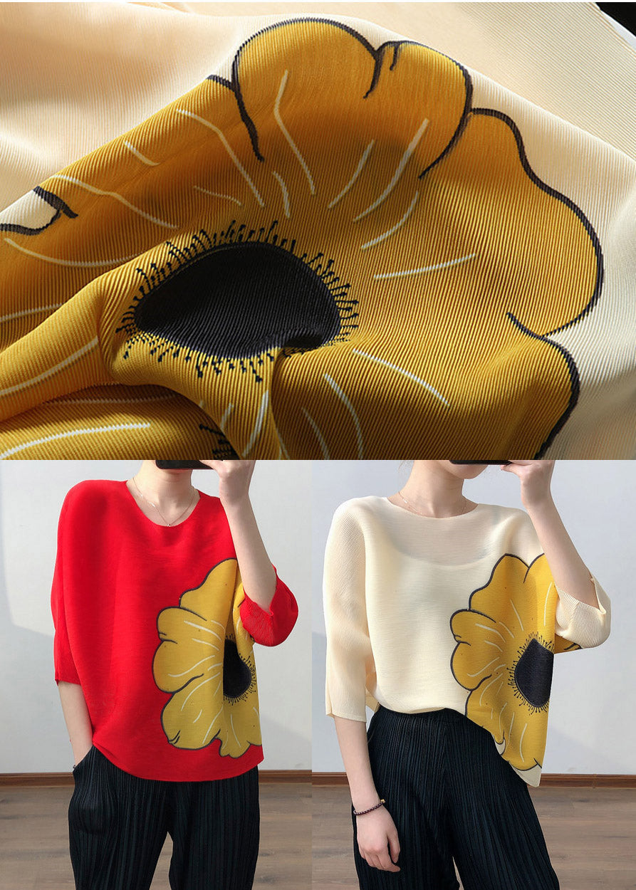 Loose Yellow O-neck Print Top Batwing Sleeve