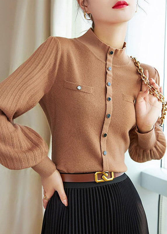 Camel Turtleneck Patchwork Cotton Knit Tops Lantern Sleeve