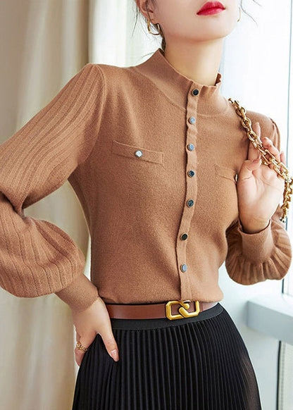 Camel Turtleneck Patchwork Cotton Knit Tops Lantern Sleeve