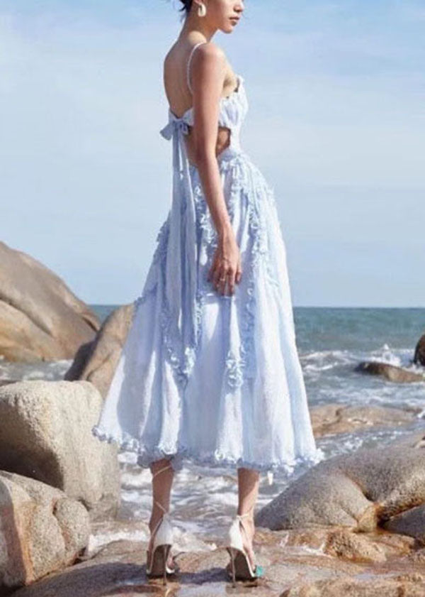 Light Blue Ruffled Patchwork Backless Spaghetti Strap Dresses Vestidos Summer