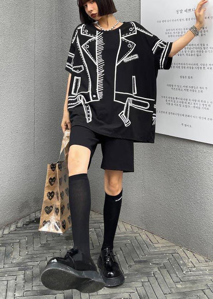 Black Graphic O-neck Cotton Shirt Top