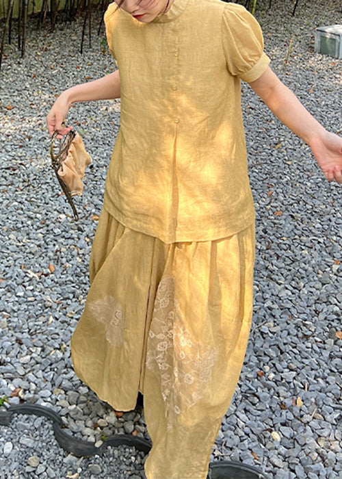 Art Yellow Lace Patchwork Tops and Skirts Two Pieces Set Summer