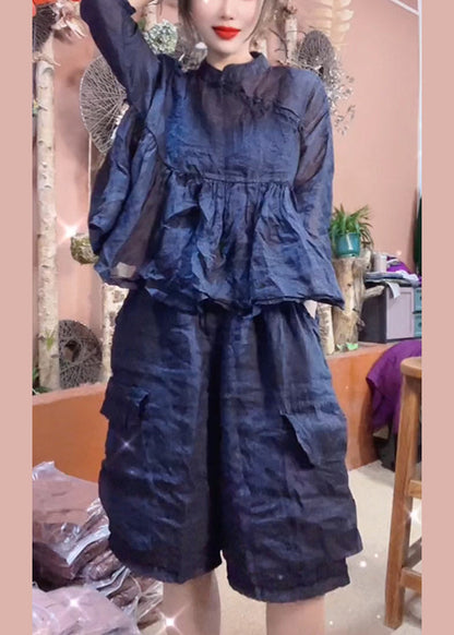 Loose Navy Pockets Linen Two Pieces Set Bracelet Sleeve