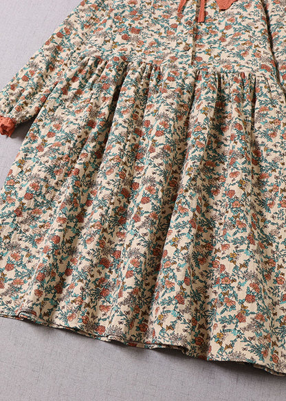 Beige Ruffled Print Cotton Dress Long Sleeve