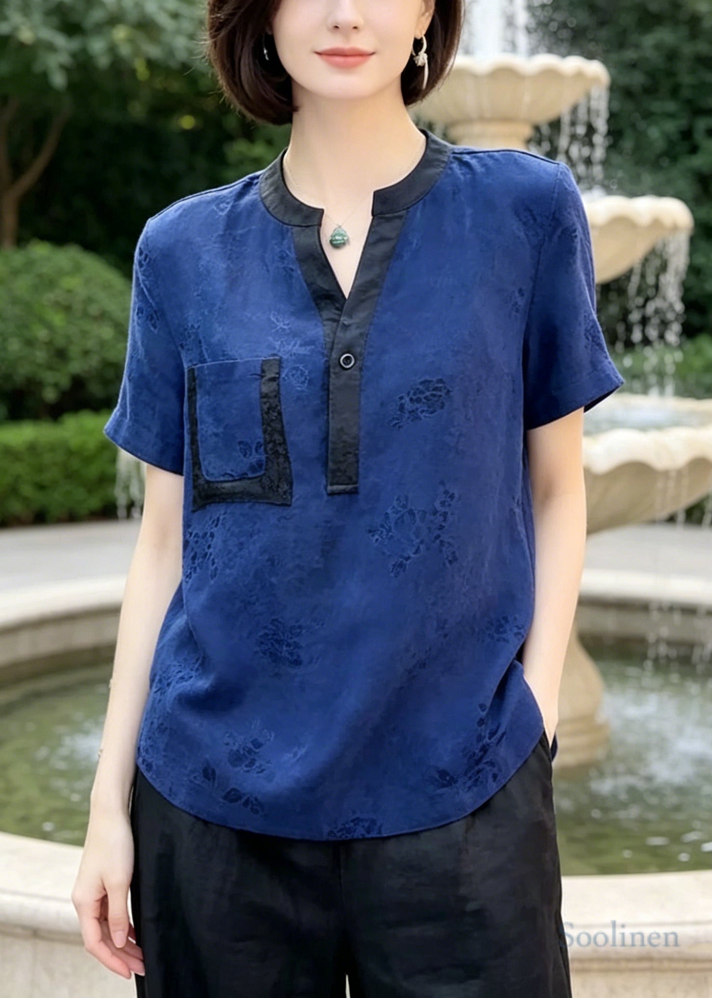 Blue Jacquard Patchwork Pocket Silk Blouses Summer