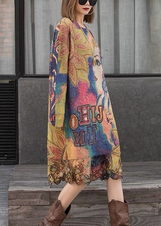 Butterfly Lace Patchwork Mink Velour Dress O Neck Long Sleeve