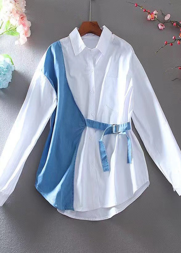 Diy White Patchwork Denim Cotton Fake Two Piece Blouse Tops Spring
