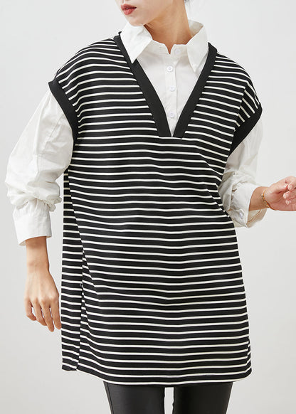 Black Striped Patchwork Cotton Shirt Dress Spring